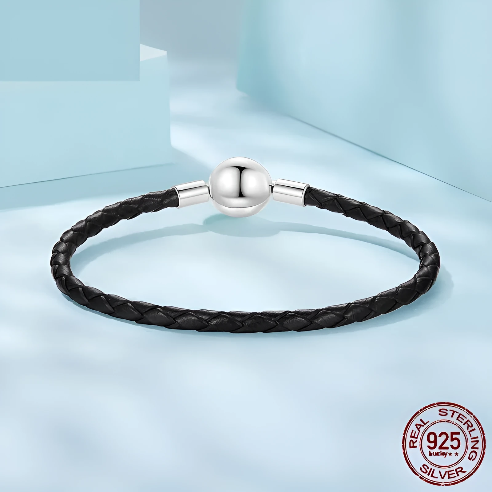 Retro leather rope bracelet with glossy round beads silver buckle base on wrist