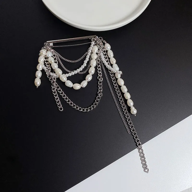 Korean style tassel pearl pin brooch electroplated alloy unisex decor gold tassel colour