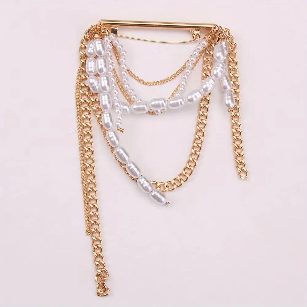 Korean style tassel pearl pin brooch electroplated alloy unisex decor gold tassel colour