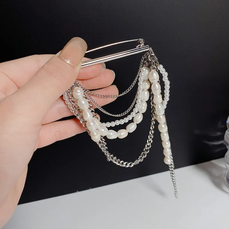 Korean style tassel pearl pin brooch electroplated alloy unisex decor gold tassel colour