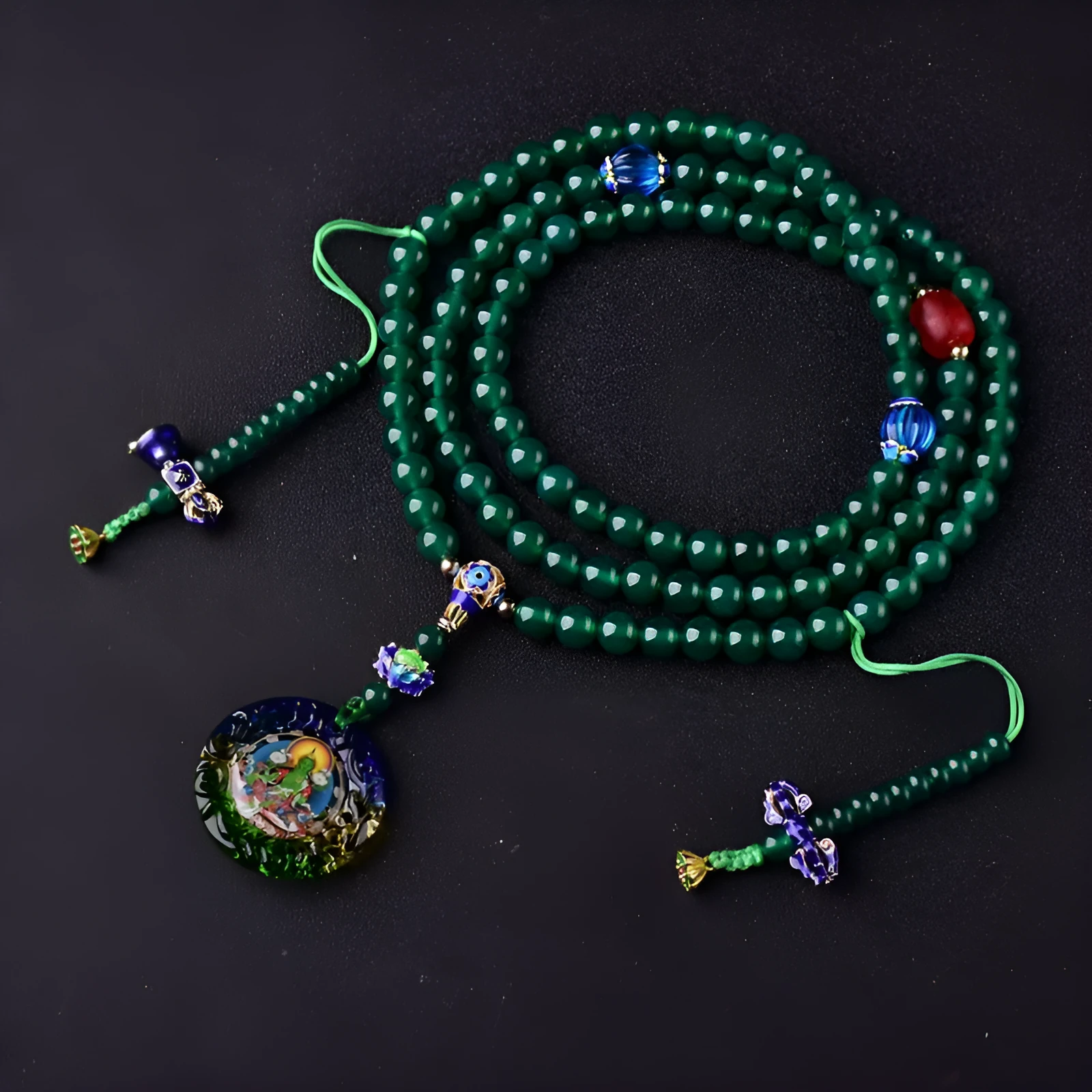 Natural green agate 108 bead bracelet with thangka pendant, worn as a multi-loop unisex accessory.