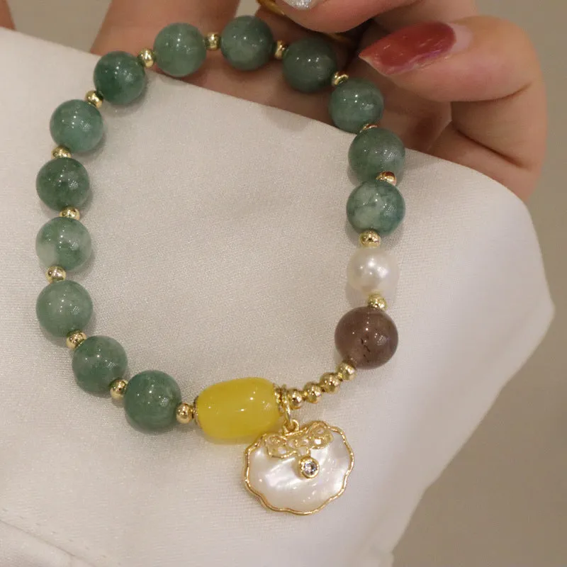 Green jade bracelet with shell motif for women, natural stone casual jewellery
