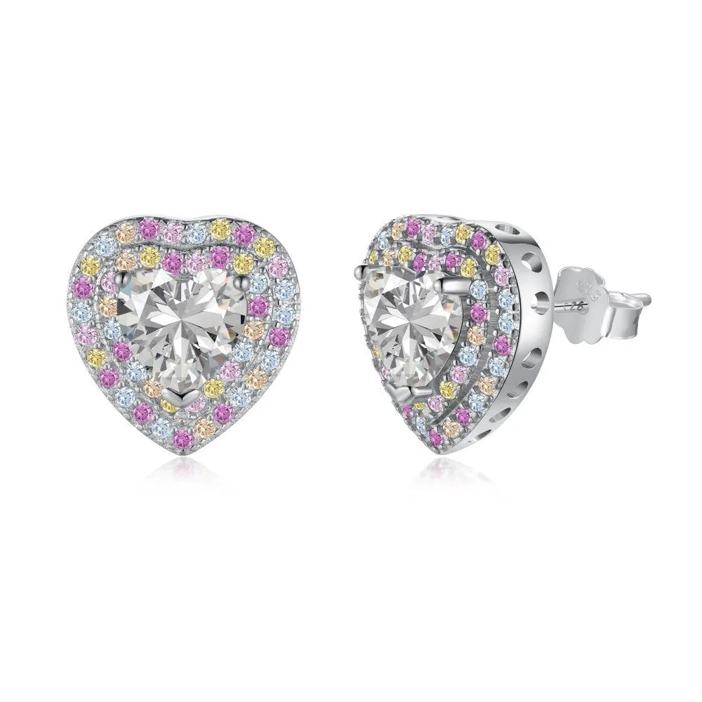 925 silver heart shaped earrings with colourful zircon stones 11.5x11mm stud style