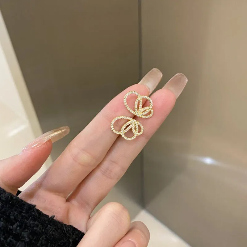 925 sterling silver butterfly stud earrings with diamond accents, Chinese style, electroplated finish, two colour variants