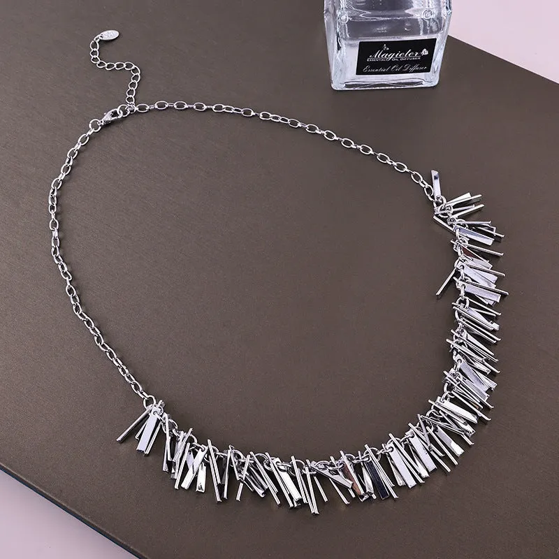 Silver electroplated geometric square tassel necklace with iron pendant and pure copper tassel on adjustable 31-40cm clavicle chain