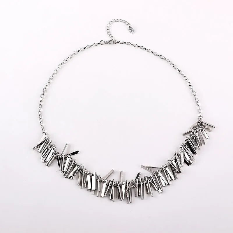 Silver electroplated geometric square tassel necklace with iron pendant and pure copper tassel on adjustable 31-40cm clavicle chain
