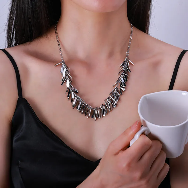 Silver electroplated geometric square tassel necklace with iron pendant and pure copper tassel on adjustable 31-40cm clavicle chain