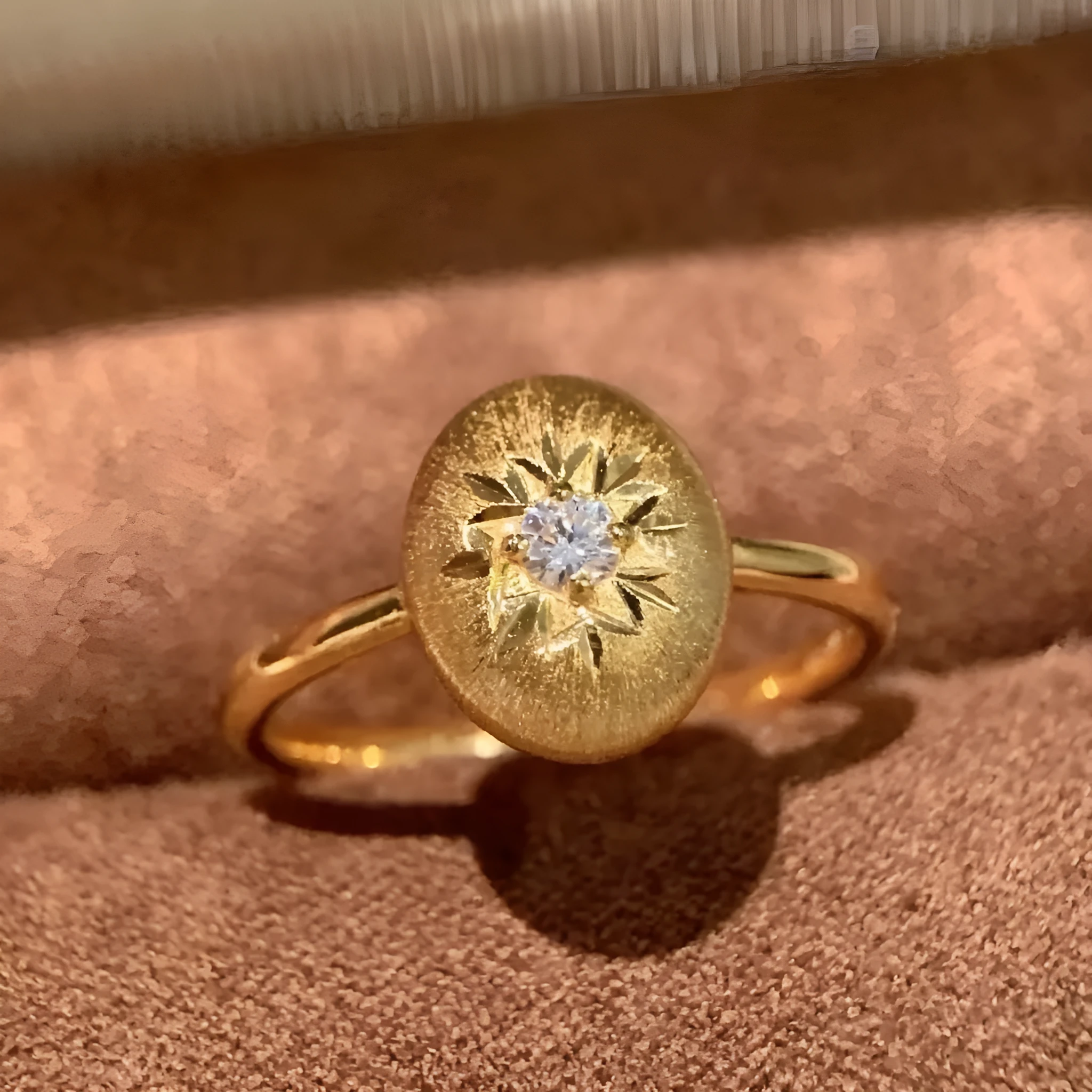 Vintage French retro adjustable copper ring with carved snowflake and star motif in gold colour