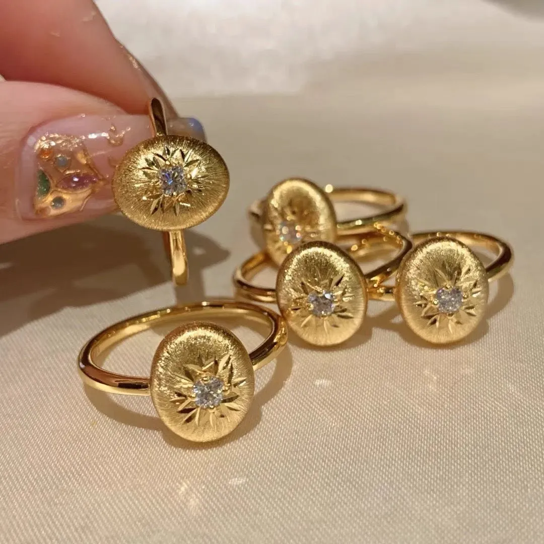 Vintage French retro adjustable copper ring with carved snowflake and star motif in gold colour