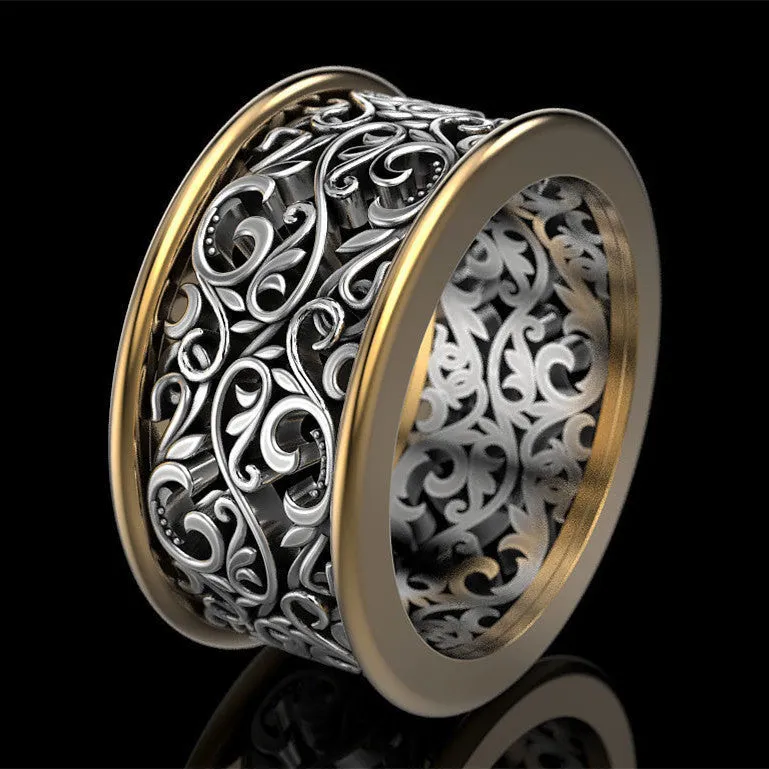 Creative retro hollow pattern alloy men's ring in black gold colour separation