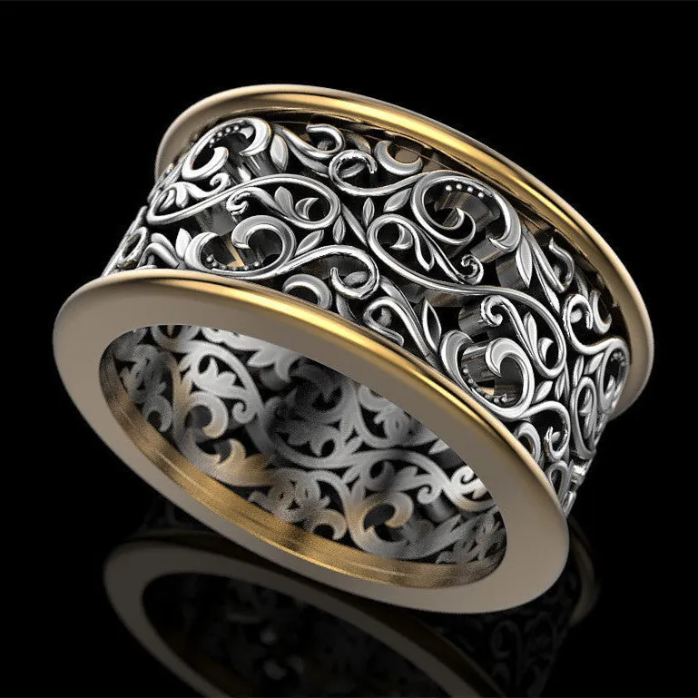 Creative retro hollow pattern alloy men's ring in black gold colour separation