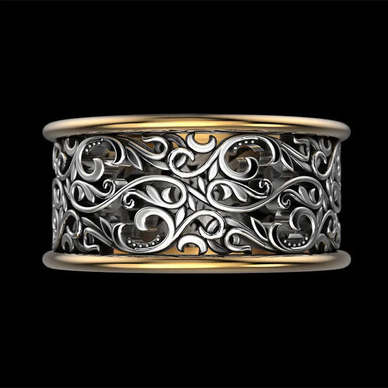 Creative retro hollow pattern alloy men's ring in black gold colour separation
