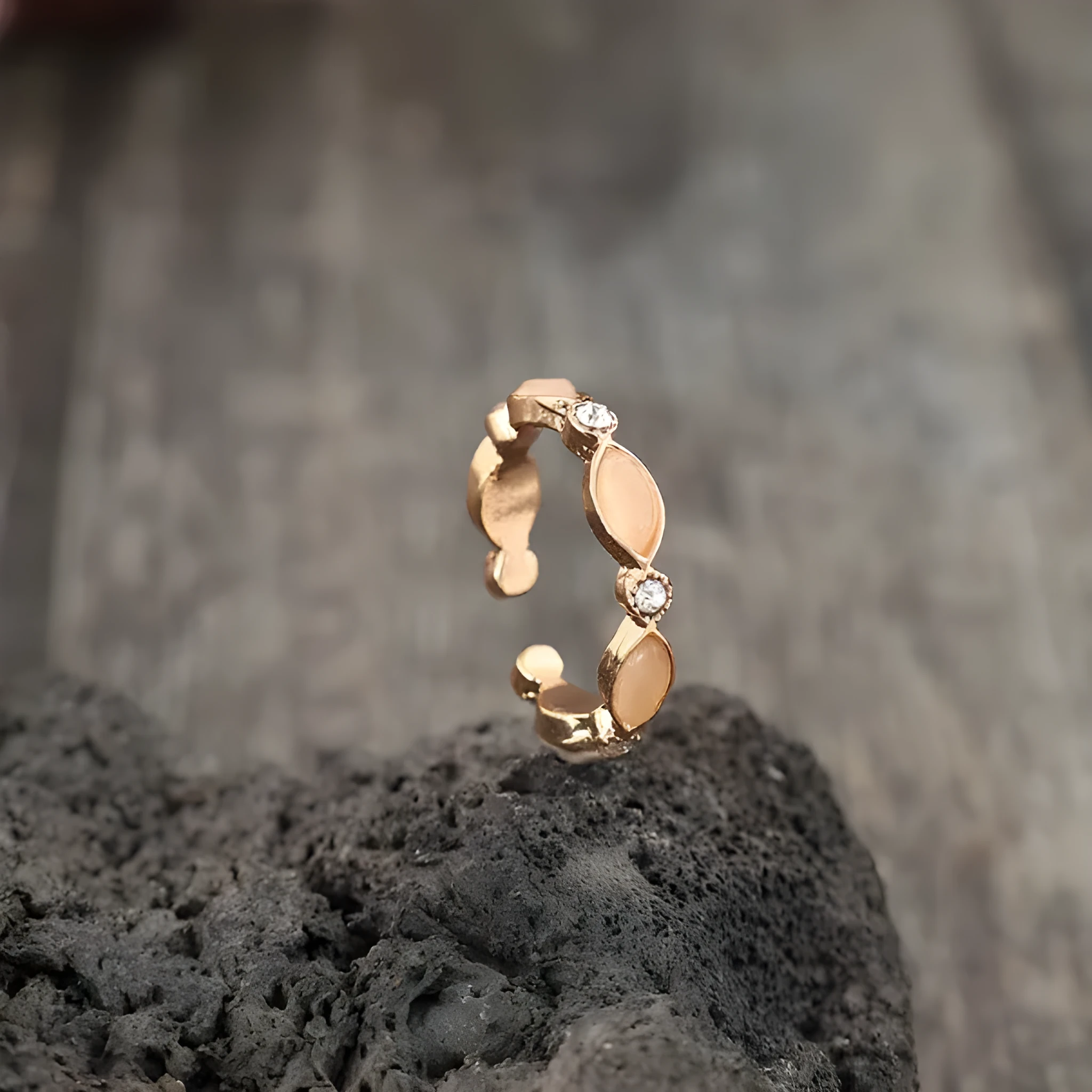 Oval gemstone inlaid alloy open adjustable ring for women in gold colour