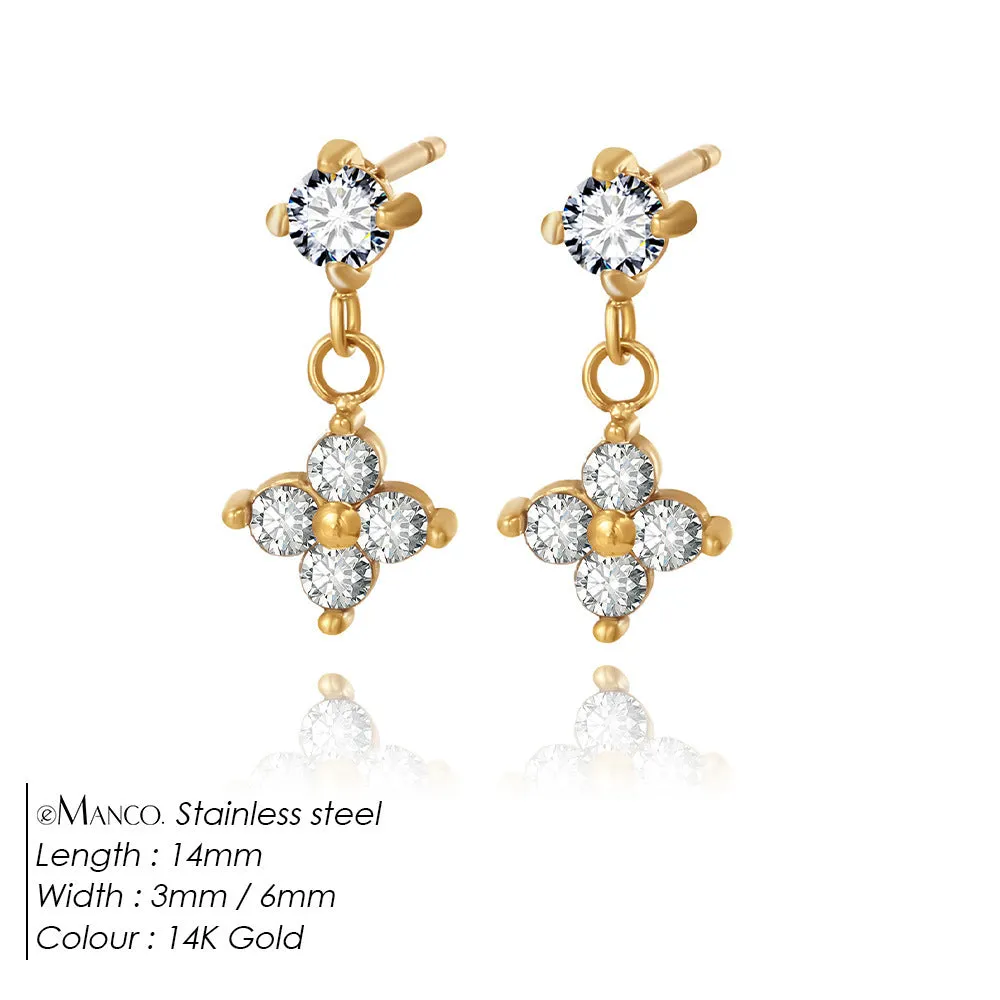Women’s simple fashion zircon flower earrings in 14k gold stainless steel with electroplated finish