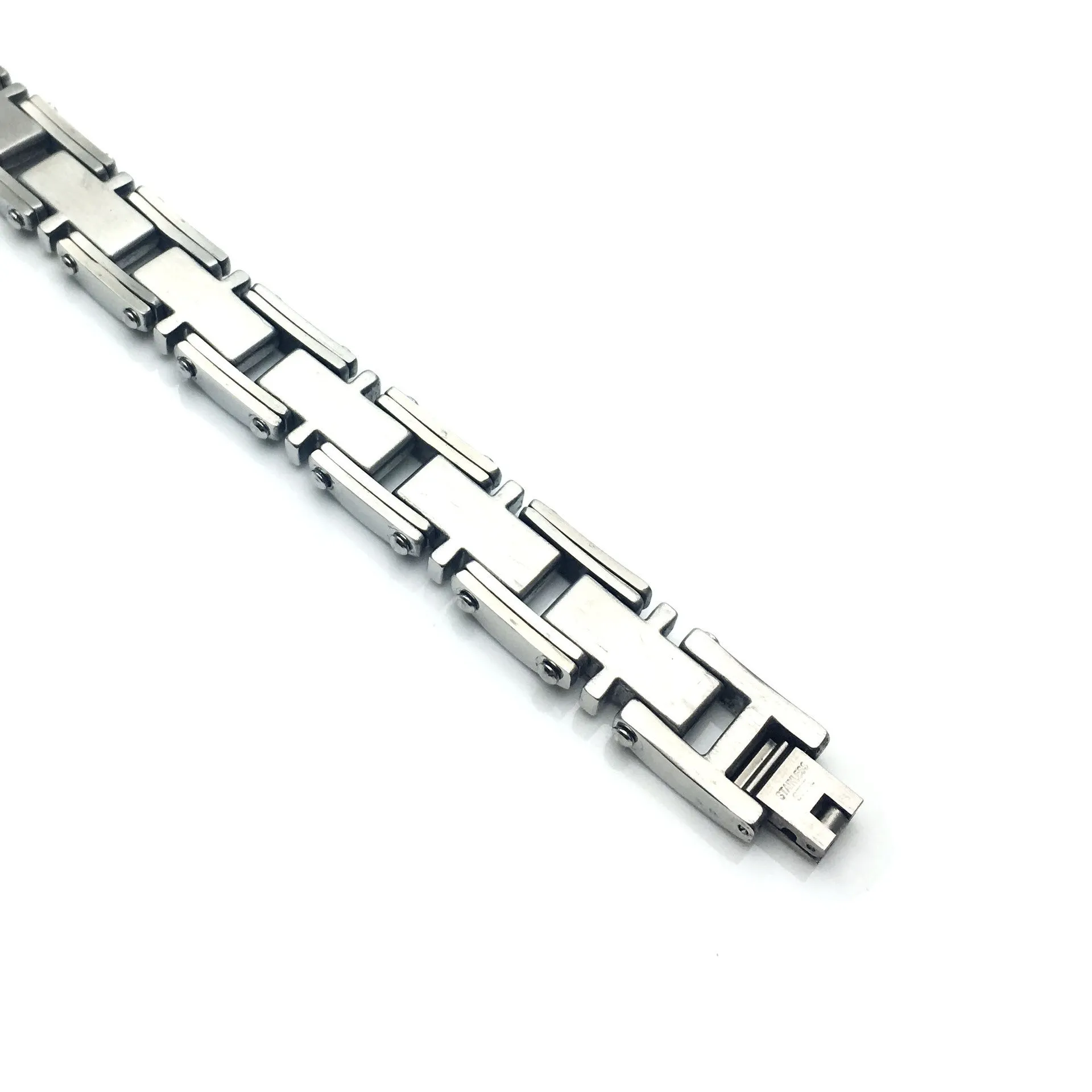Men's titanium steel bracelet with polished geometric segment design in steel colour