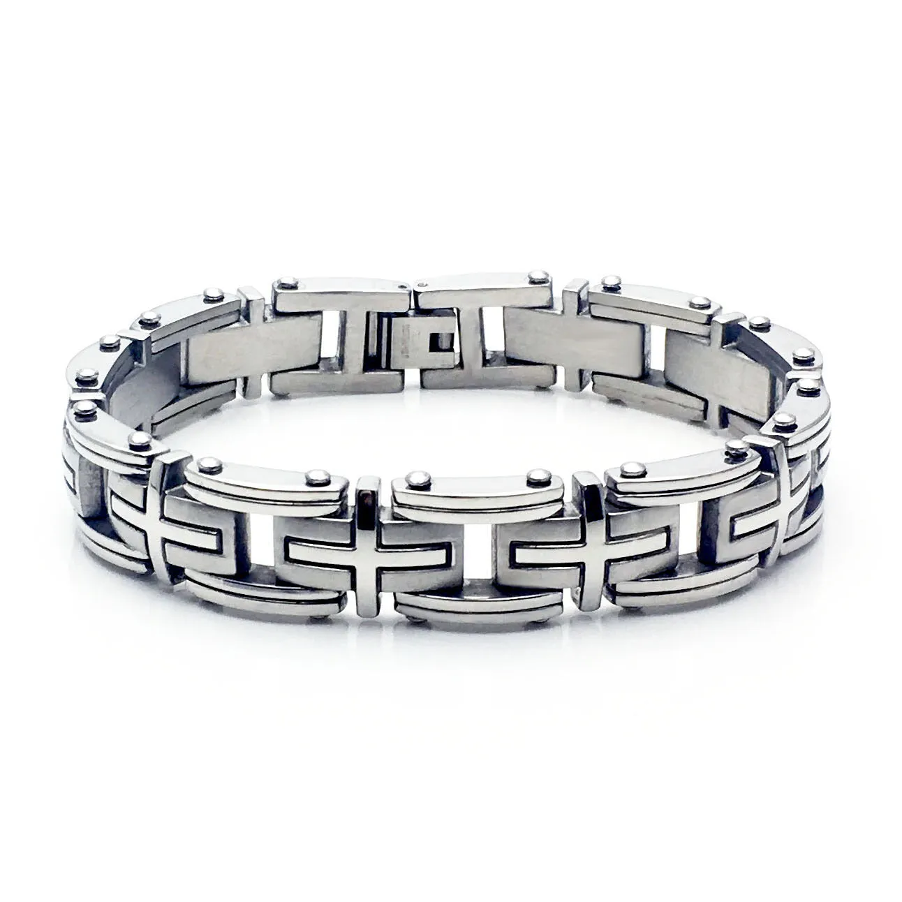 Men's titanium steel bracelet with polished geometric segment design in steel colour