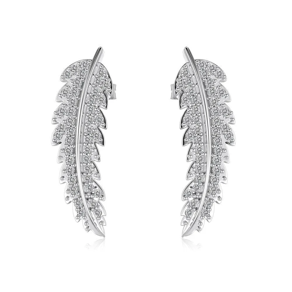 Leaf-shaped zircon inlaid S925 sterling silver stud earrings for women in white gold finish
