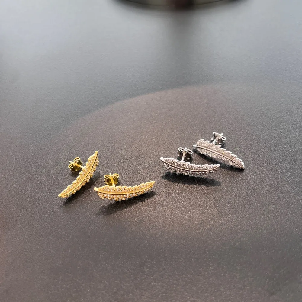 Leaf-shaped zircon inlaid S925 sterling silver stud earrings for women in white gold finish