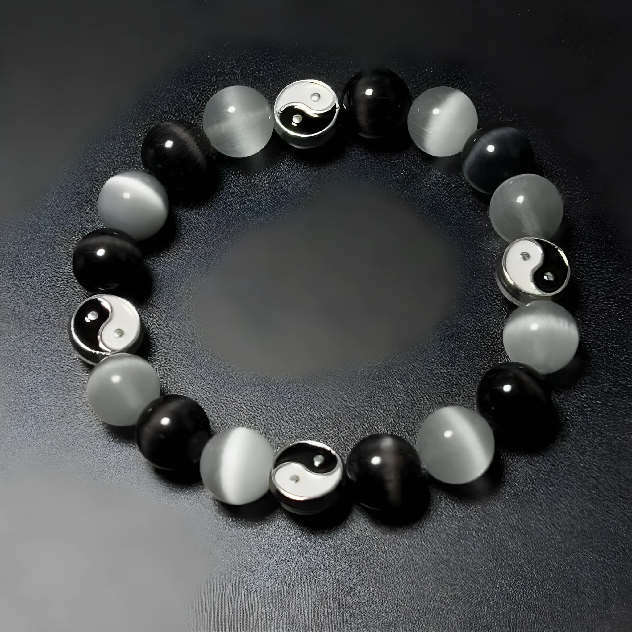 Natural opal agate Chinese Tai Chi beaded bracelet with 10mm polished stone beads and black agate details