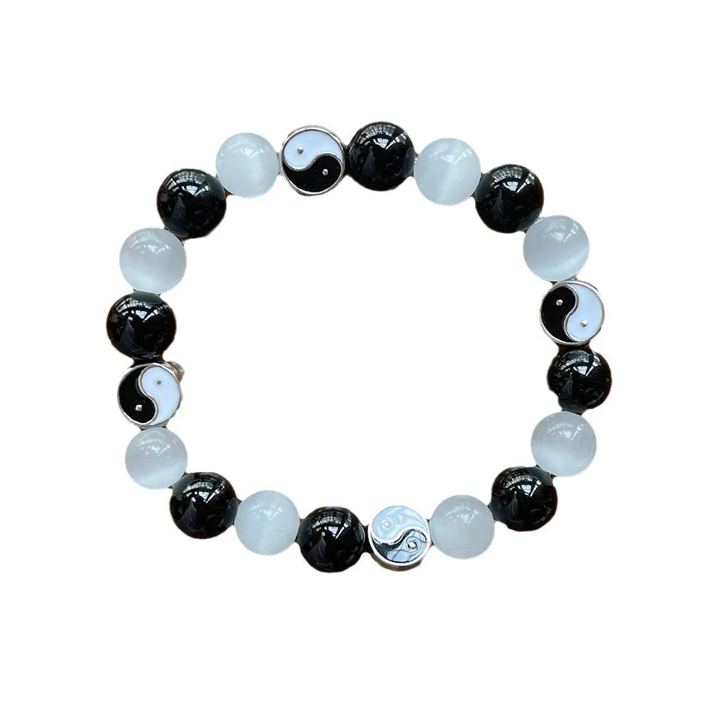 Natural opal agate Chinese Tai Chi beaded bracelet with 10mm polished stone beads and black agate details