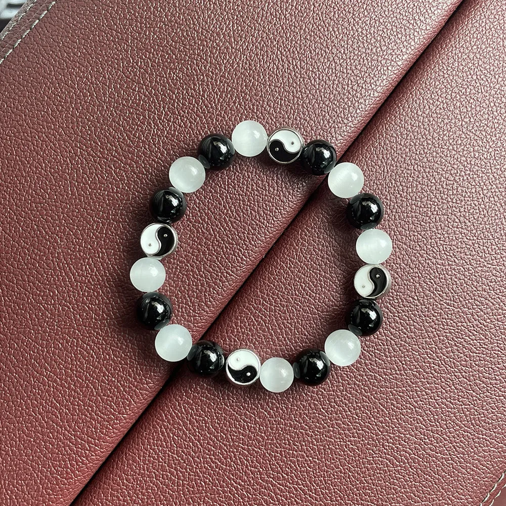 Natural opal agate Chinese Tai Chi beaded bracelet with 10mm polished stone beads and black agate details