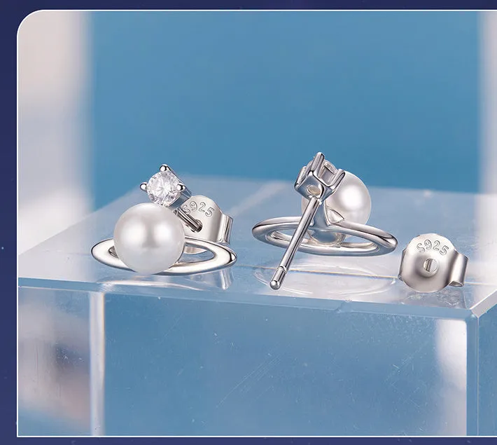 Chuangxing 925 silver star planet ear studs with ball shell pearl detail for women BSE1207