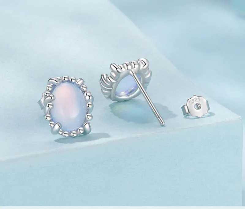 Women's 925 sterling silver magic stone stud earrings geometric ellipse French retro style