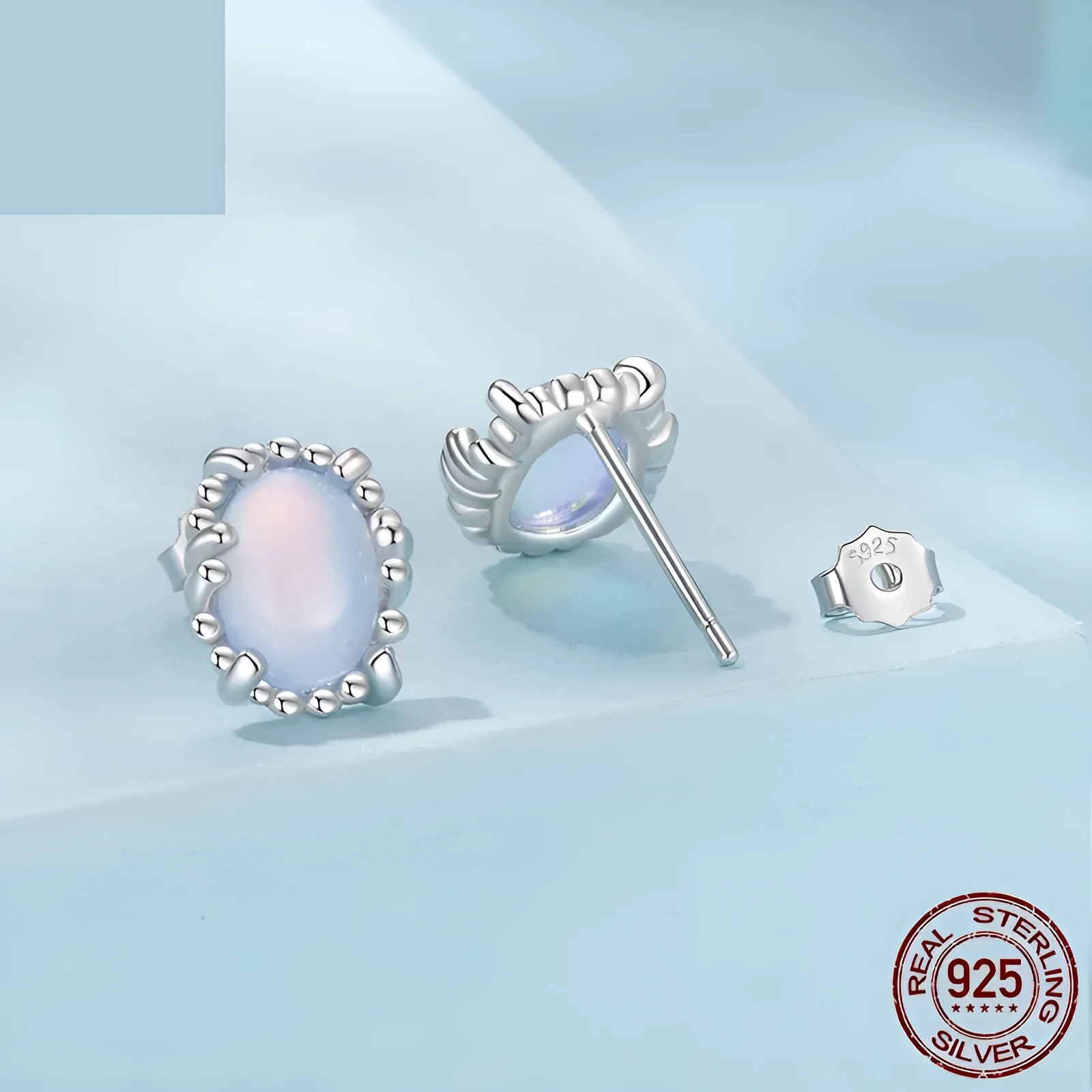 Women's 925 sterling silver magic stone stud earrings geometric ellipse French retro style