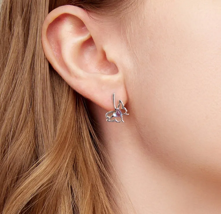 925 silver butterfly stud earrings with moonstone inlay on a white background