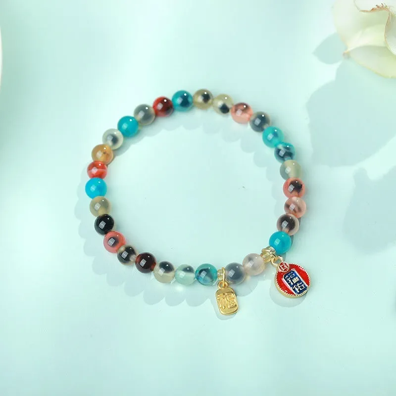 Natural colourful sugar heart agate and copper coin coloured glaze snake bracelet for women with traditional Chinese patterns