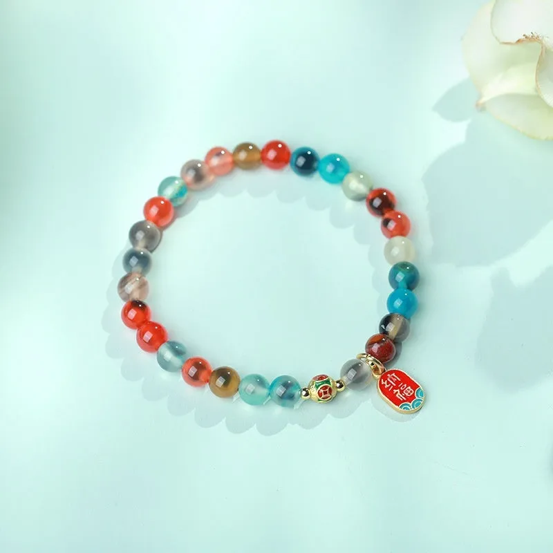 Natural colourful sugar heart agate and copper coin coloured glaze snake bracelet for women with traditional Chinese patterns