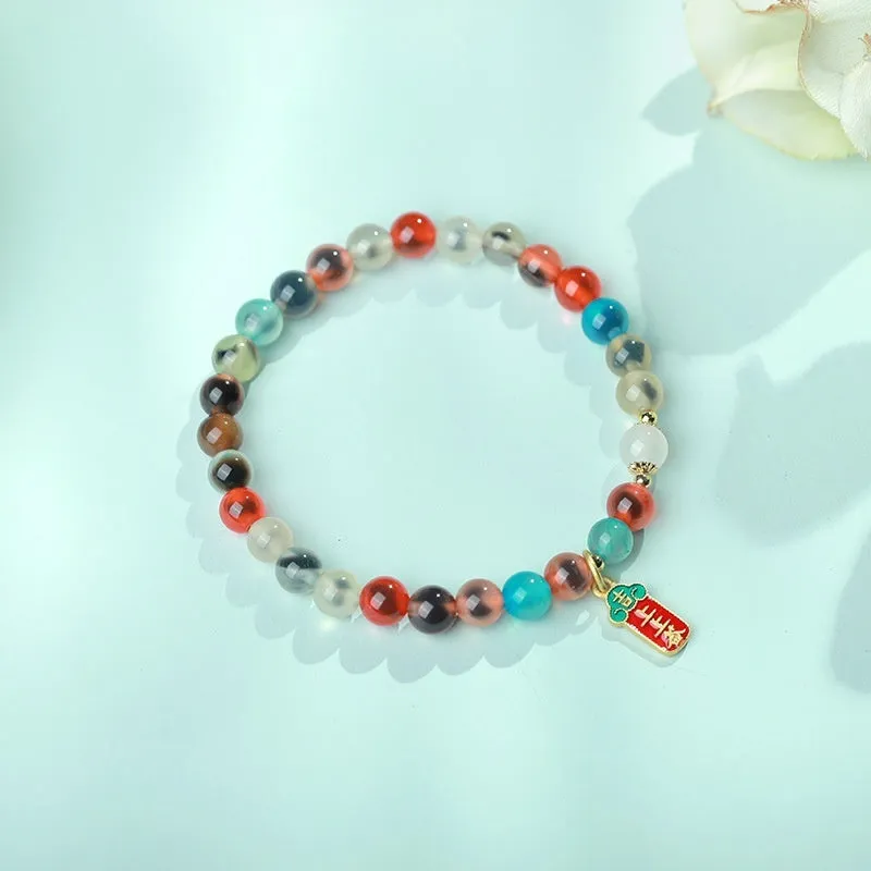 Natural colourful sugar heart agate and copper coin coloured glaze snake bracelet for women with traditional Chinese patterns
