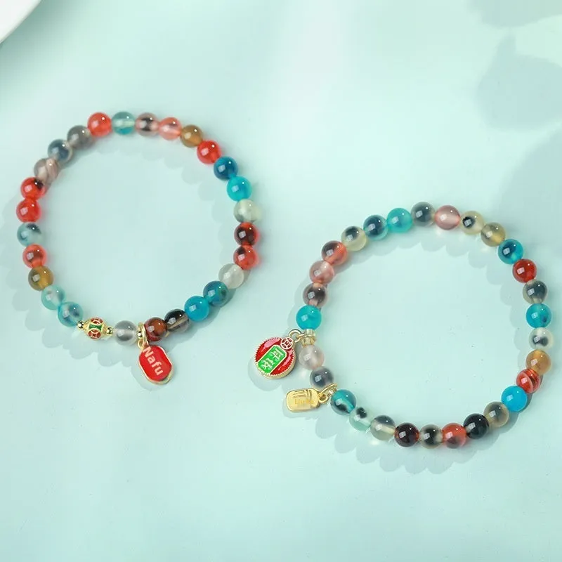 Natural colourful sugar heart agate and copper coin coloured glaze snake bracelet for women with traditional Chinese patterns
