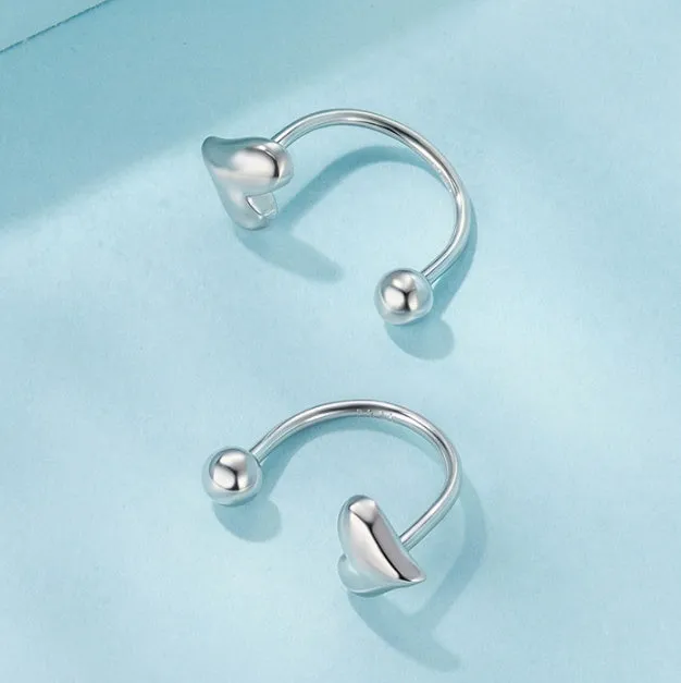 New Love reverse ear studs, 925 silver heart shape, women's minimalist style electroplated finish