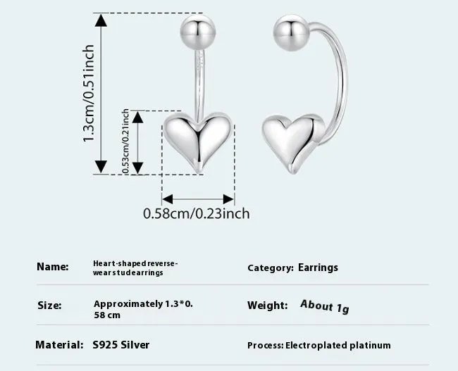 New Love reverse ear studs, 925 silver heart shape, women's minimalist style electroplated finish