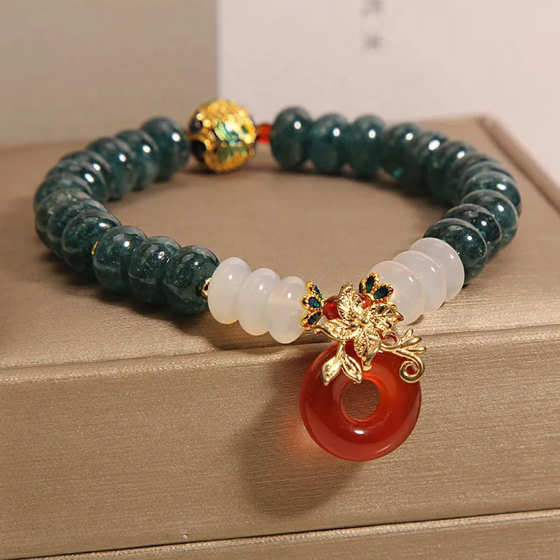Blue jade abacus bead and red agate peace buckle crystal bracelet for women