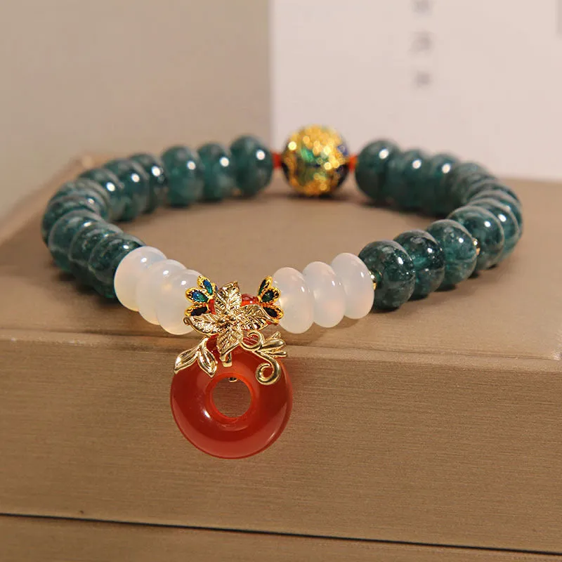 Blue jade abacus bead and red agate peace buckle crystal bracelet for women