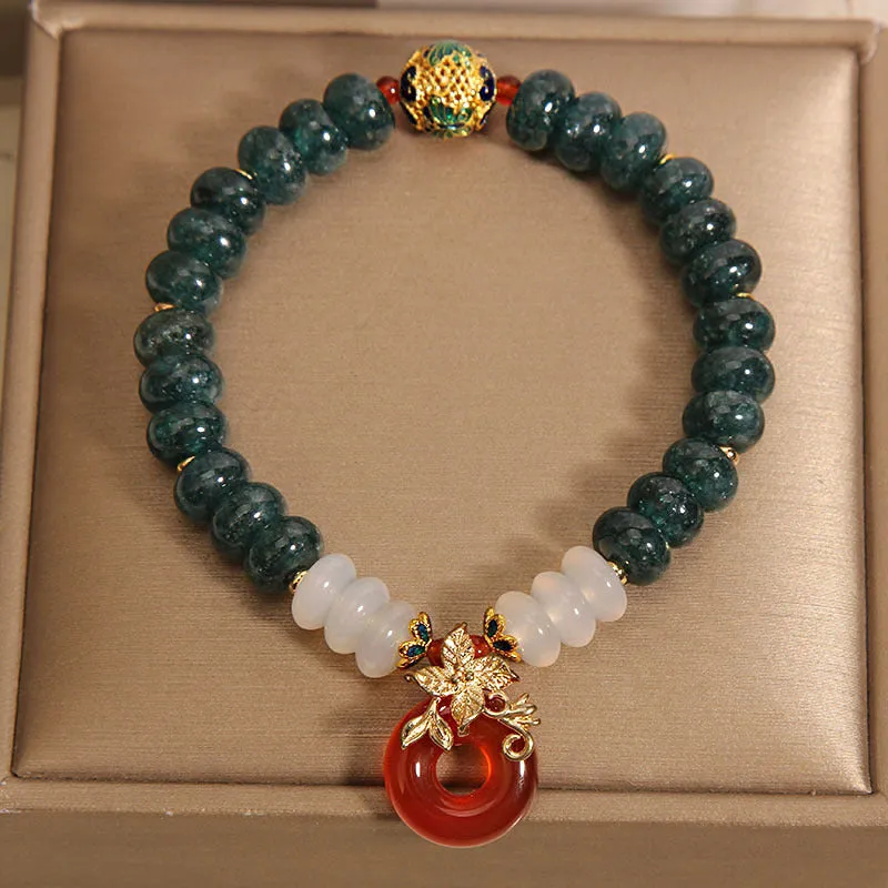 Blue jade abacus bead and red agate peace buckle crystal bracelet for women