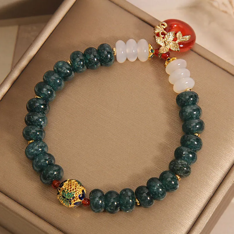 Blue jade abacus bead and red agate peace buckle crystal bracelet for women