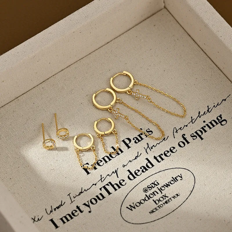 One Card Three Pairs Set Earrings for Women - Gold and Silver Copper Geometric Irregular Cross Ear Rings