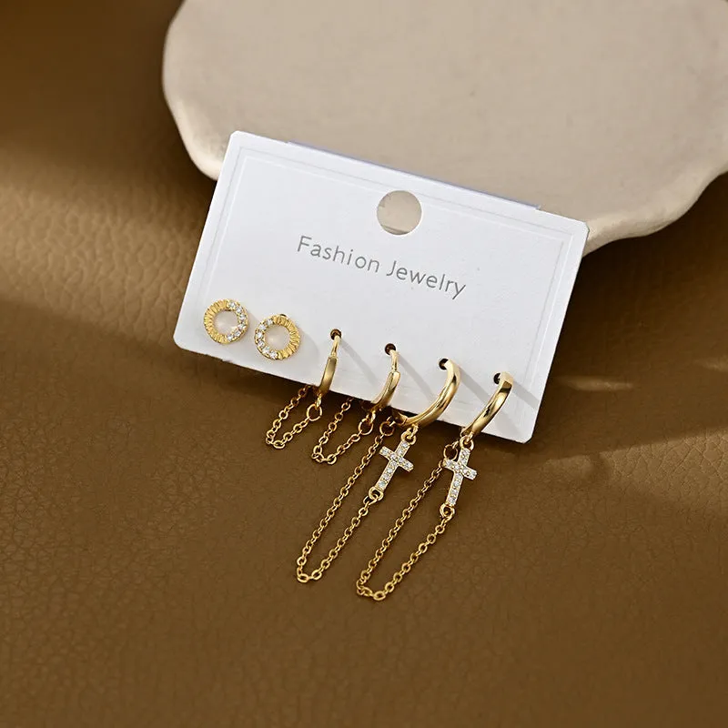 One Card Three Pairs Set Earrings for Women - Gold and Silver Copper Geometric Irregular Cross Ear Rings