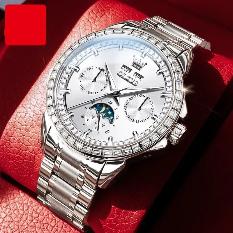 Men's stainless steel automatic mechanical watch with a blue dial and butterfly clasp on a wrist.