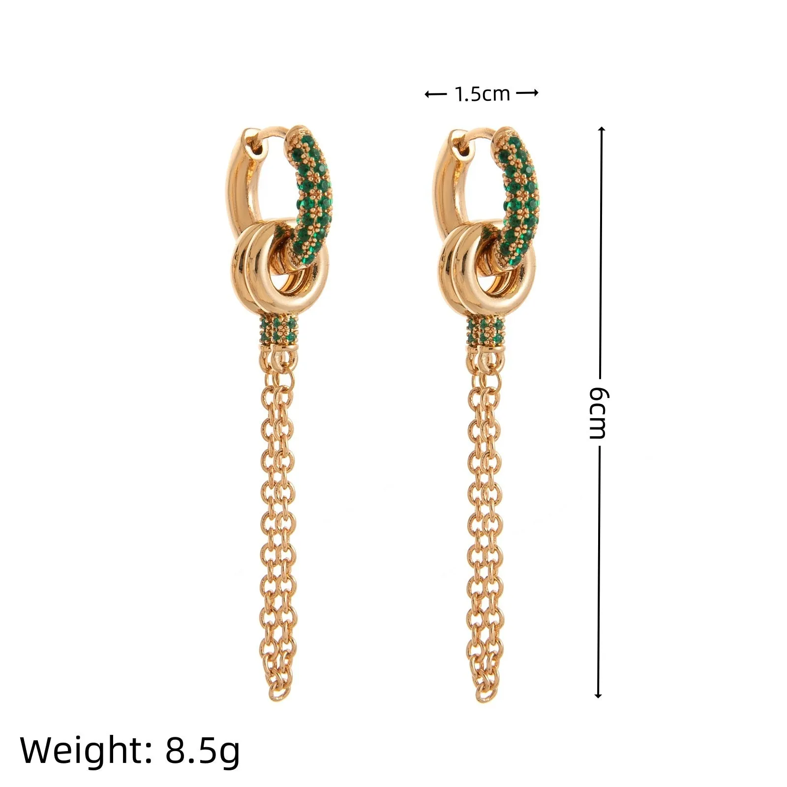 Pair of green zircon ear studs with chain, copper base, electroplated finish, two ways to wear design