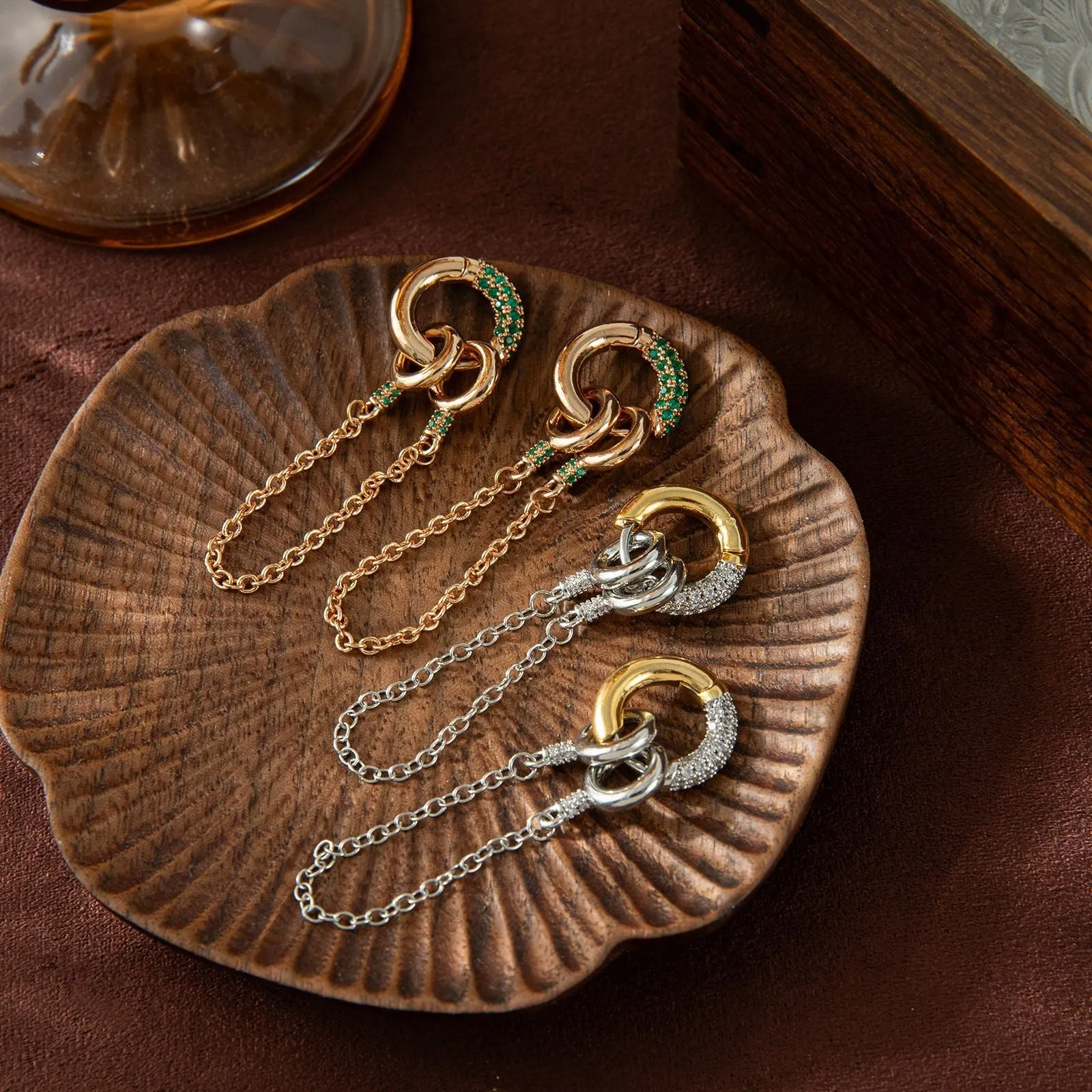 Pair of green zircon ear studs with chain, copper base, electroplated finish, two ways to wear design
