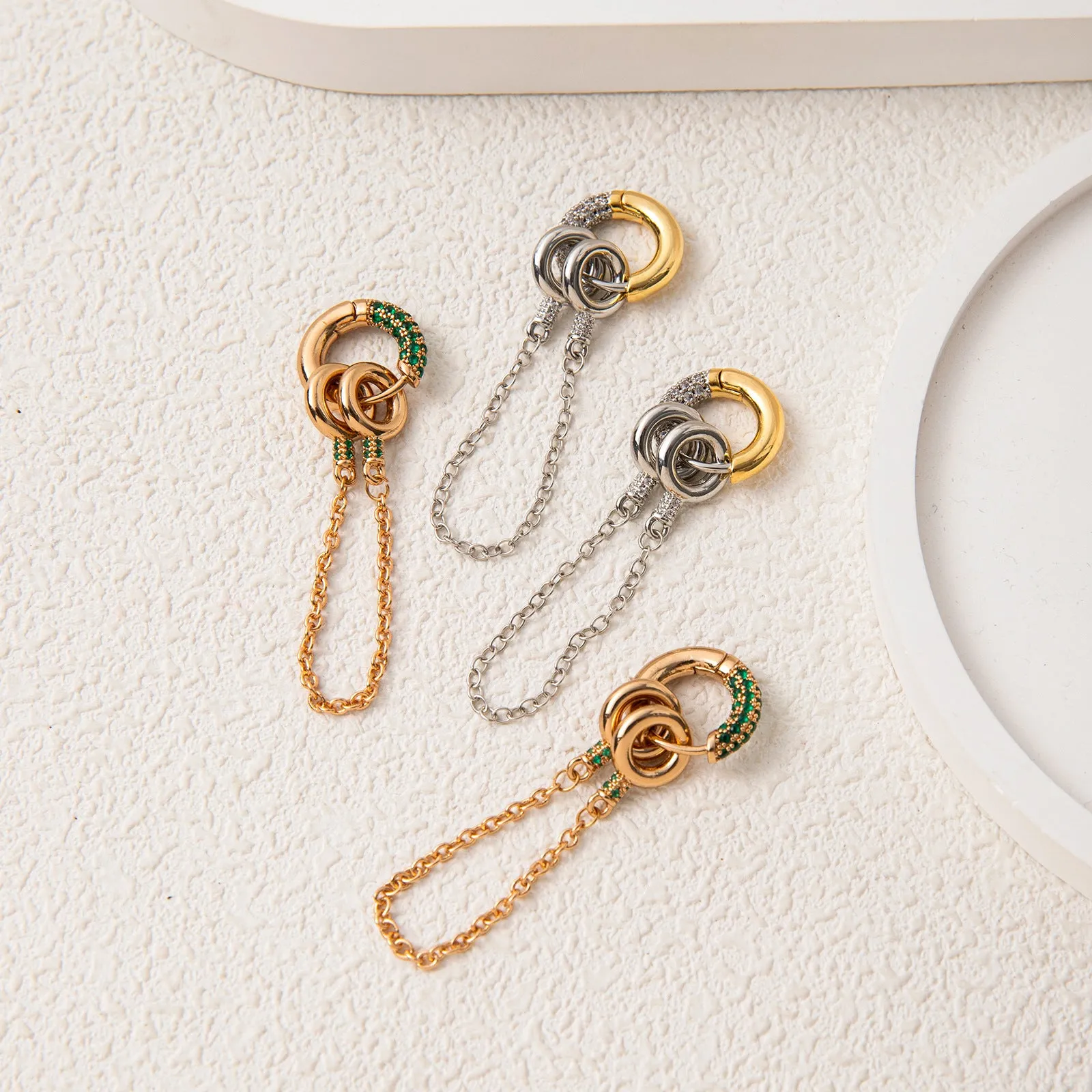 Pair of green zircon ear studs with chain, copper base, electroplated finish, two ways to wear design