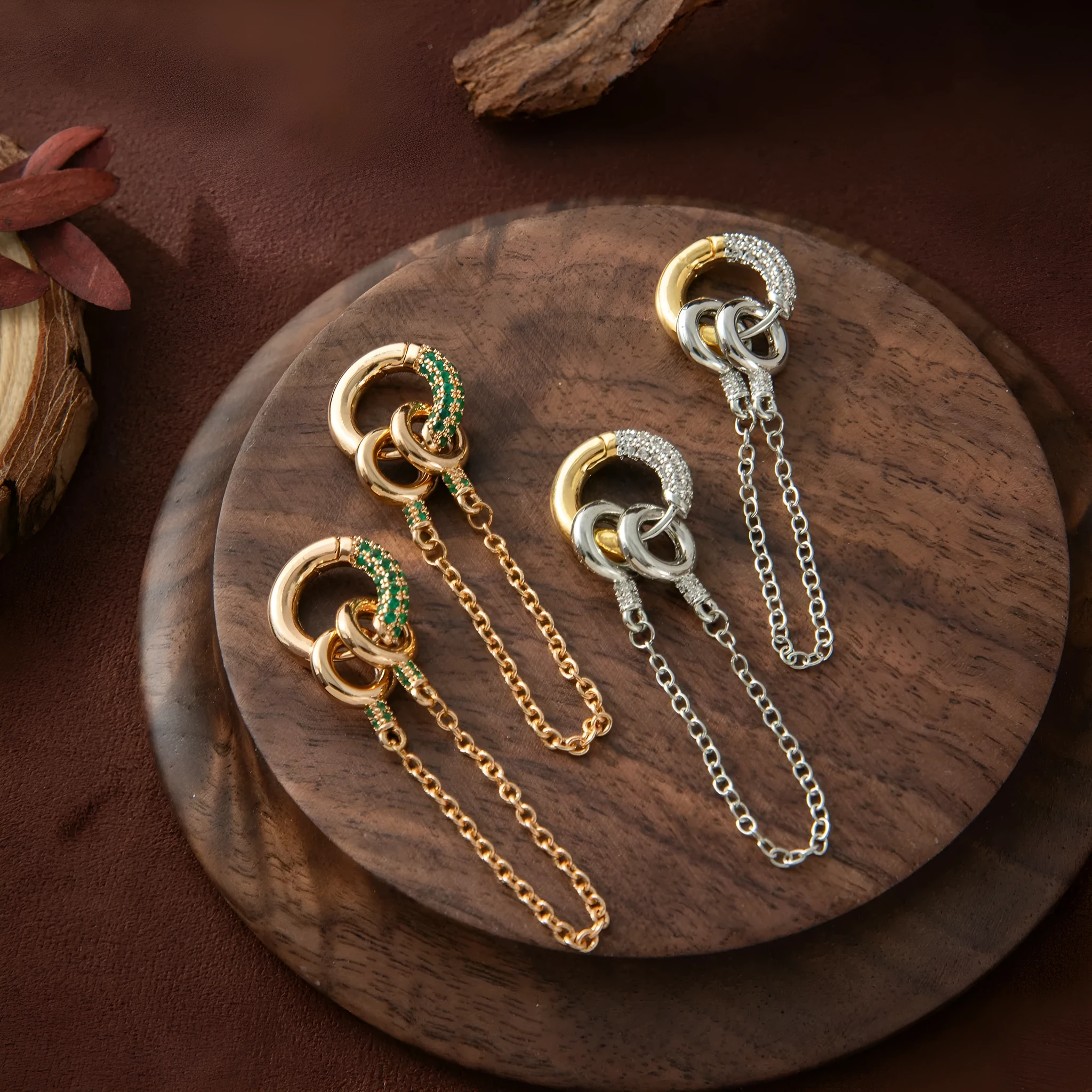 Pair of green zircon ear studs with chain, copper base, electroplated finish, two ways to wear design