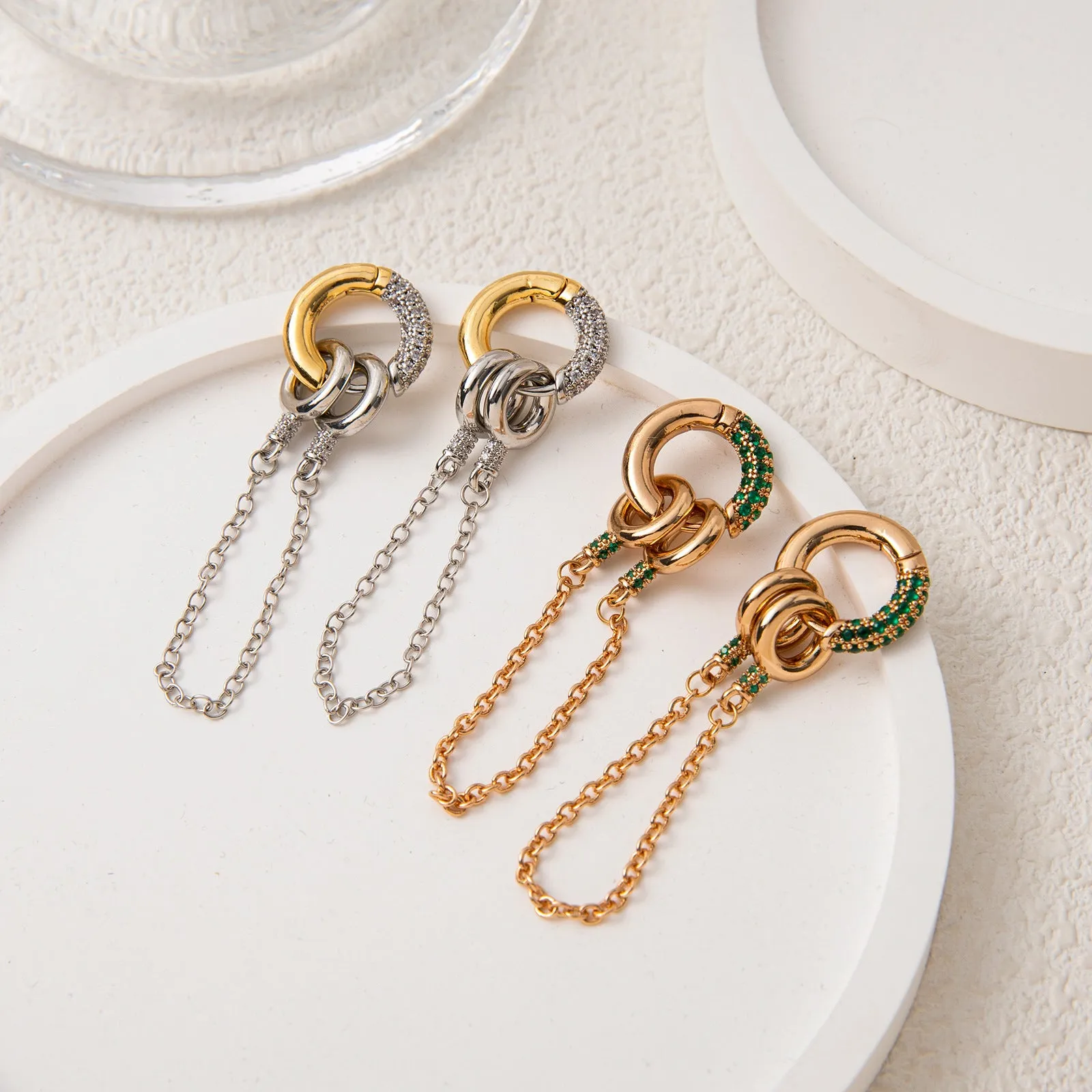 Pair of green zircon ear studs with chain, copper base, electroplated finish, two ways to wear design