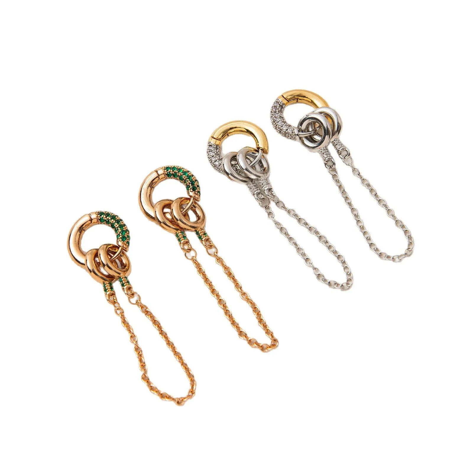 Pair of green zircon ear studs with chain, copper base, electroplated finish, two ways to wear design