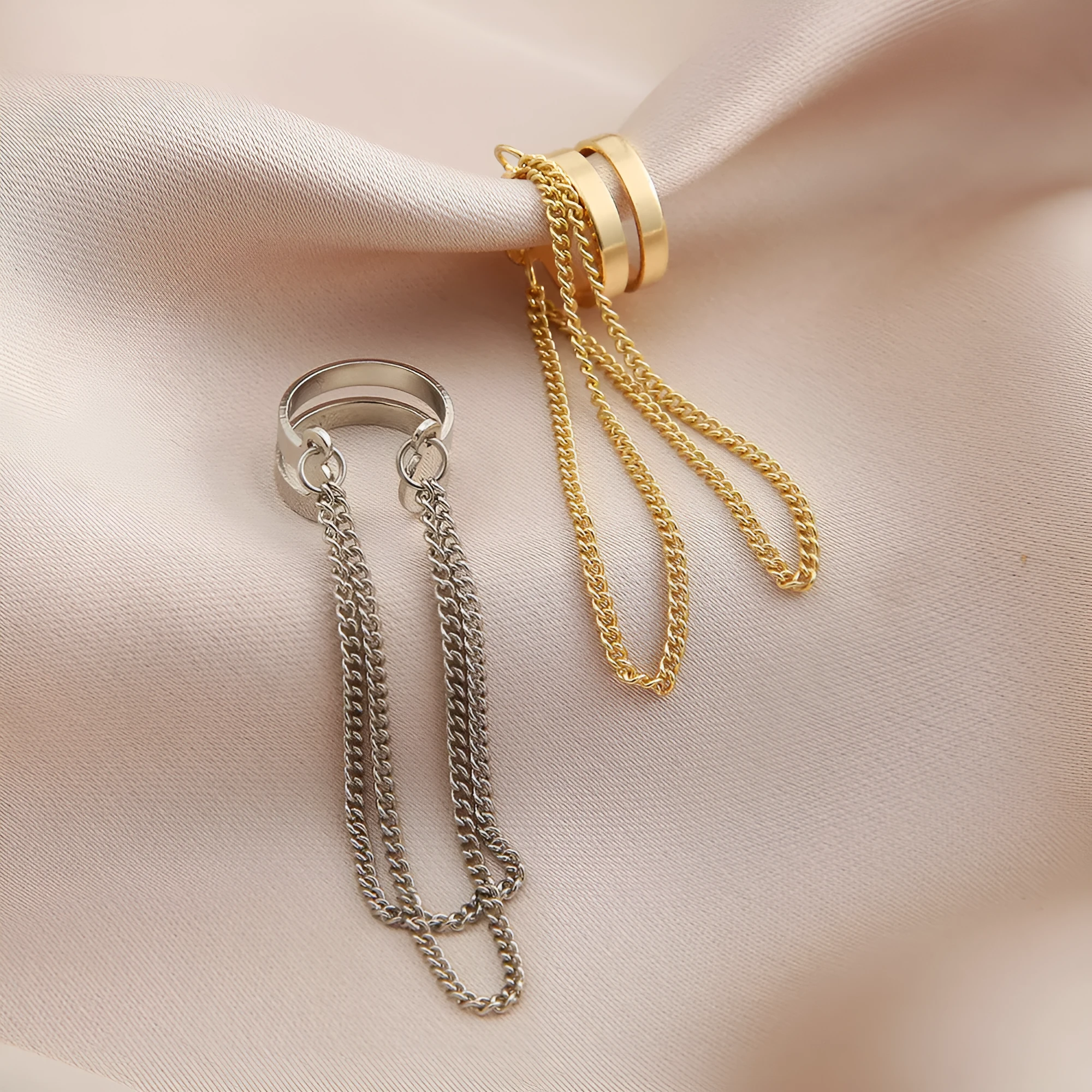 Fashion double metal chain tassel earrings for women in gold colour with U-shaped copper design