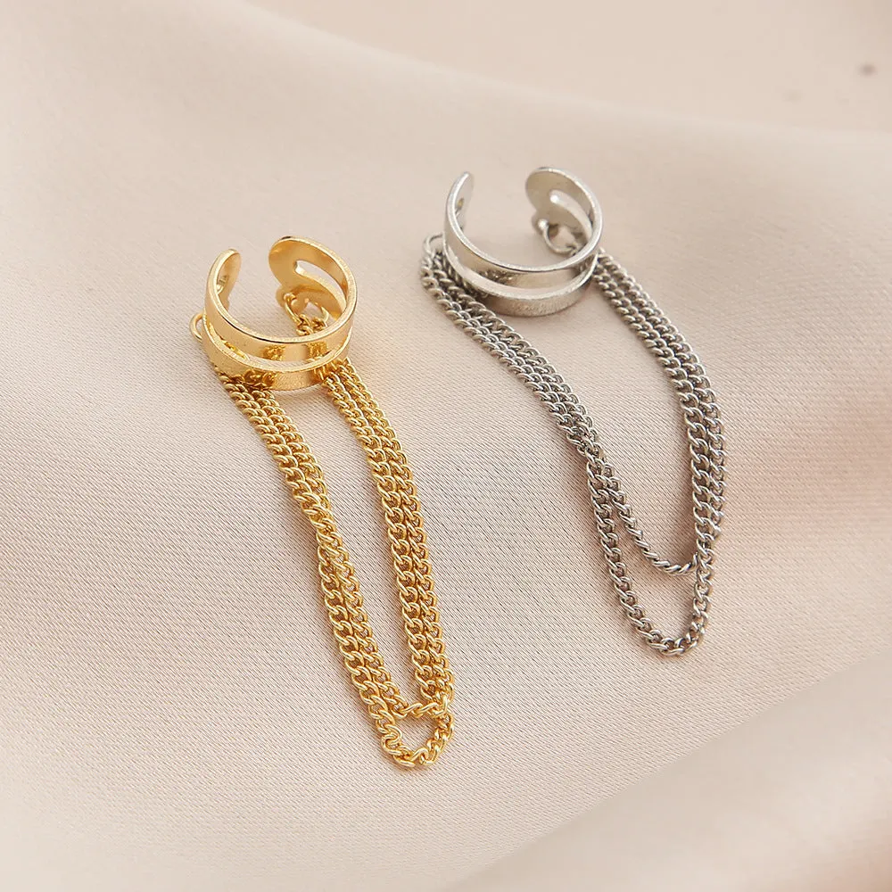 Fashion double metal chain tassel earrings for women in gold colour with U-shaped copper design